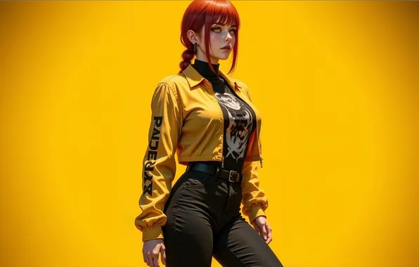 Картинка AI Art, AI Generated, Anime, Girl, Anime Girl, Red Hair, Yellow Background