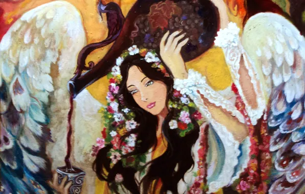 Картинка взгляд, девушка, цветы, лицо, волосы, крылья, ангел, руки