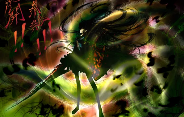 Девушка, меч, аниме, арт, щит, Внук Нурарихёна, auge, Hagoromo Kitsune