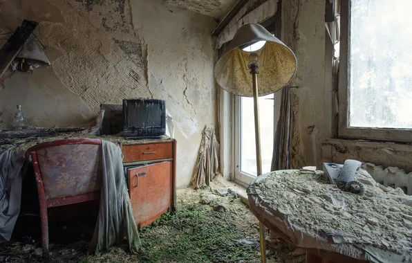 Комната, телевизор, abandoned hotel