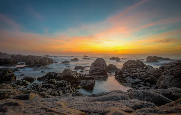 Картинка пляж, камни, океан, рассвет, Portugal, Porto