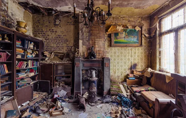 Window, living room, sofa, sunlight, fireplace, books, abandoned, chandelier