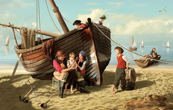 Песок, море, дети, побережье, лодки, баркас, Дмитрий Усанин, старый рыбак