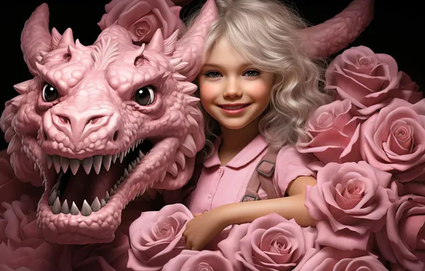 Картинка girl, pink, dragon