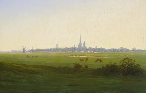 Пейзаж, город, картина, Каспар Давид Фридрих, Луга под Грайфсвальдом