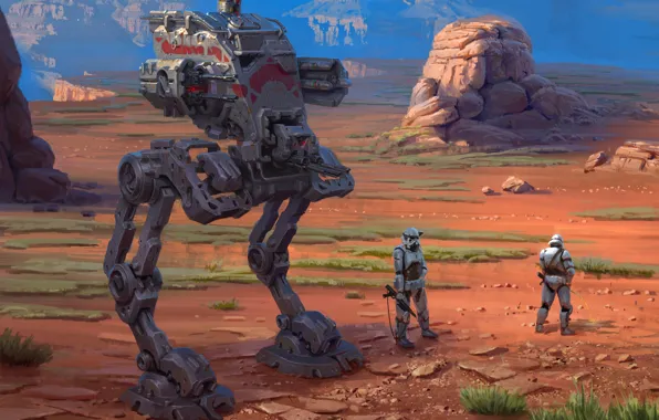 Картинка горы, пустыня, робот, Star Wars, солдаты