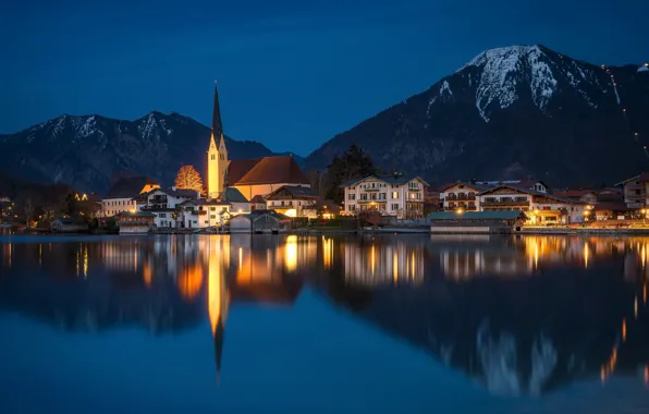 Картинка горы, озеро, отражение, здания, дома, Германия, Бавария, церковь