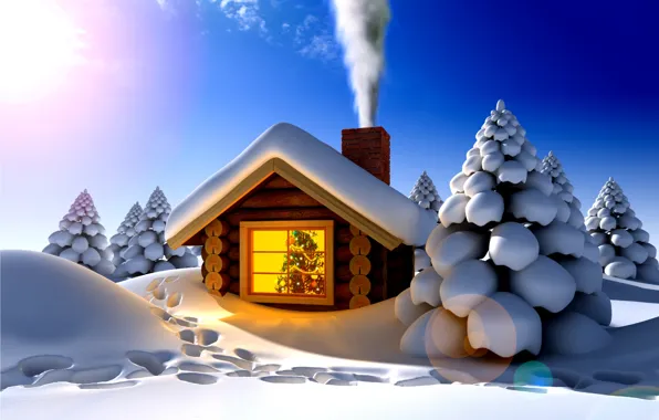 Картинка House, Christmas, Winter, Tree, Snow, Smoke, Window, Festive