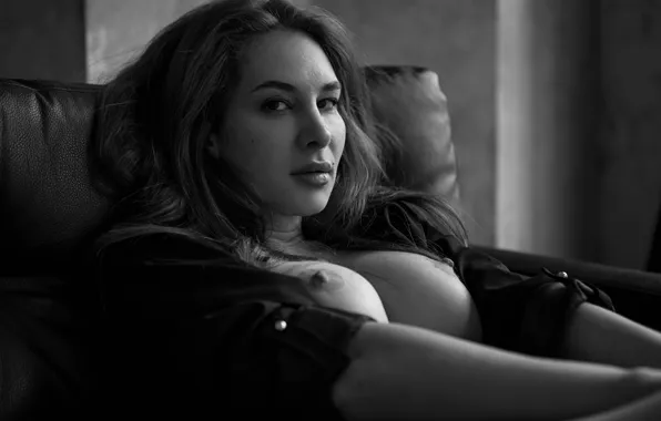 Nipples, boobs, monochrome, model, women, brunette, big boobs, armchair