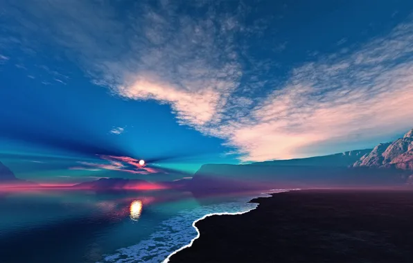Картинка море, цвета, солнце, облака, скалы, рассвет, берег
