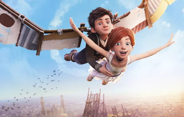 City, girl, sky, flying, cloud, France, birds, boy