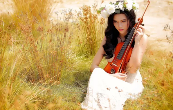 Картинка лето, девушка, музыка, скрипка, азиатка