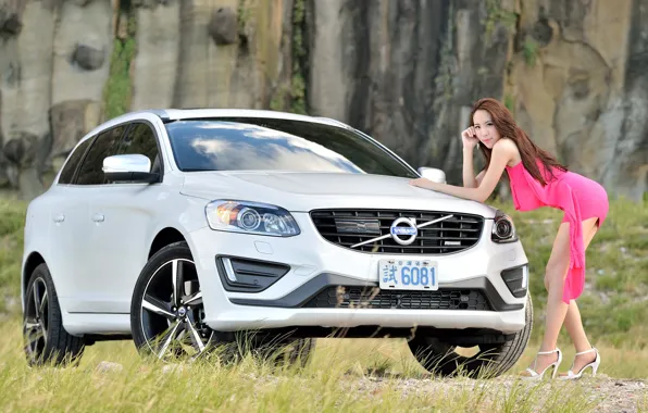 Авто, взгляд, Девушки, азиатка, красивая девушка, Volvo XC60, позирует над машиной