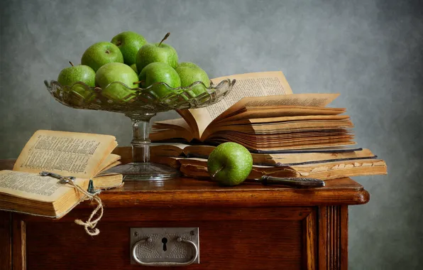 Яблоки, книги, ключ, зеленые, нож, натюрморт, комод, Библия
