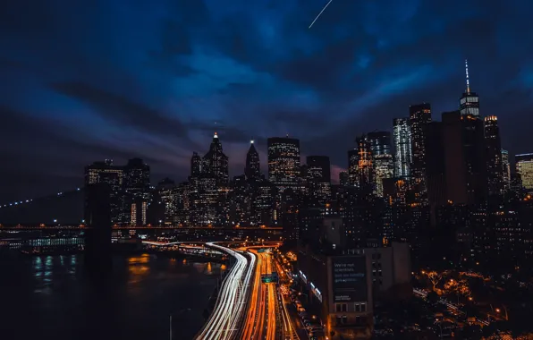 Картинка небоскребы, Бруклинский мост, набережная, New York, usa, огни ночного города