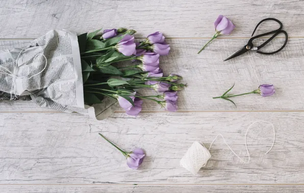 Картинка букет, Beautiful, wood, flowers, purple, bouquet, эустома, eustoma