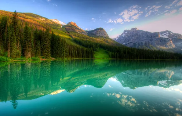 Картинка лес, горы, озеро, скалы, Канада, Canada, снег., Йохо