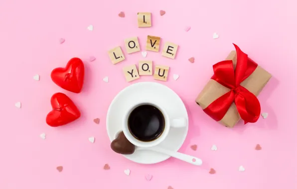 Подарок, кофе, конфеты, чашка, сердечки, день святого валентина, шоколадные
