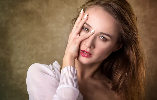 Взгляд, девушка, лицо, рука, портрет, пальцы, жест, русая