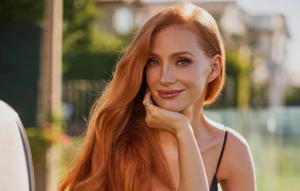 Взгляд, девушка, улыбка, волосы, актриса, рыжая, Jessica Chastain, волсы