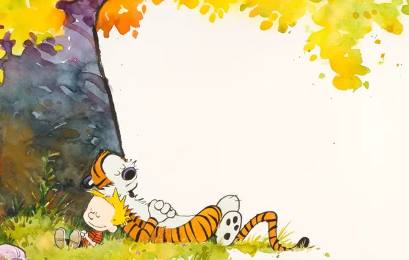 Тигр, дерево, мальчик, Комикс, спят, лежат, Calvin and Hobbes, Кельвин и Хоббс