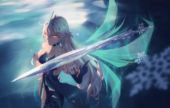 Взгляд, девушка, лёд, копьё, Honkai Impact 3rd, Kiana Kaslana