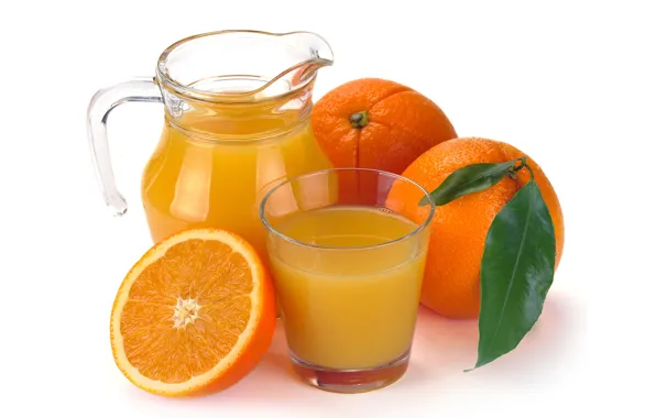 Стакан, апельсины, сок, кувшин, фрукты, апельсиновый сок