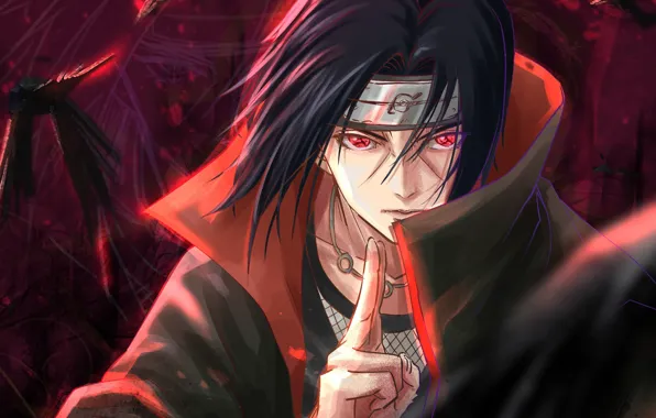 Взгляд, красные глаза, жест, Itachi Uchiha, ниндзюцу, Naruto Shippuden, Наруто Ураганные хроники, повязка на лоб