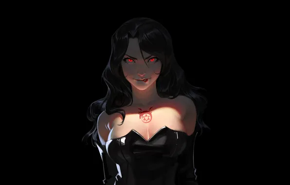 Картинка red eyes, tattoo, black background, black hair, Lust, Full Metal Alchemist, Malveda