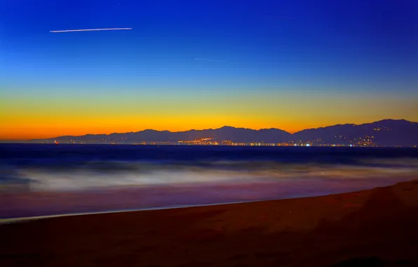 Картинка море, небо, горы, город, огни, вечер, США, Санта-Моника