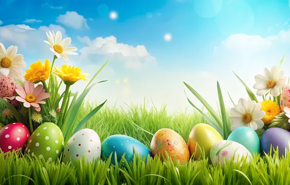 Картинка цветы, яйца, весна, colorful, Пасха, happy, flowers, spring