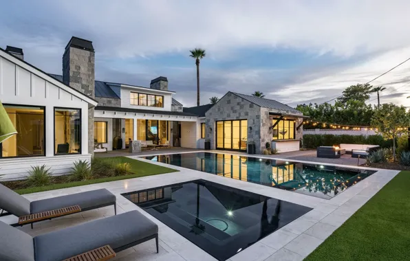 Вилла, вечер, бассейн, освещение, архитектура, pool, терраса, build
