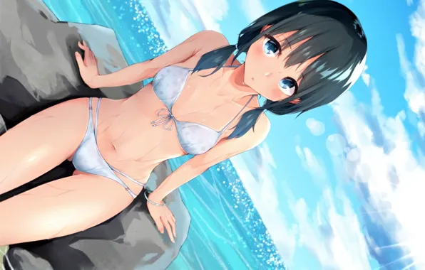 Girl, sexy, cleavage, beach, long hair, sea, boobs, anime