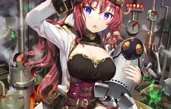 Girl, sexy, cleavage, thighhighs, red hair, long hair, dress, boobs