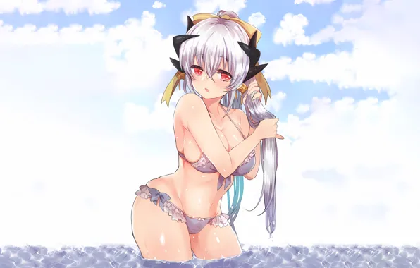 Girl, sexy, wet, cleavage, horns, long hair, boobs, anime