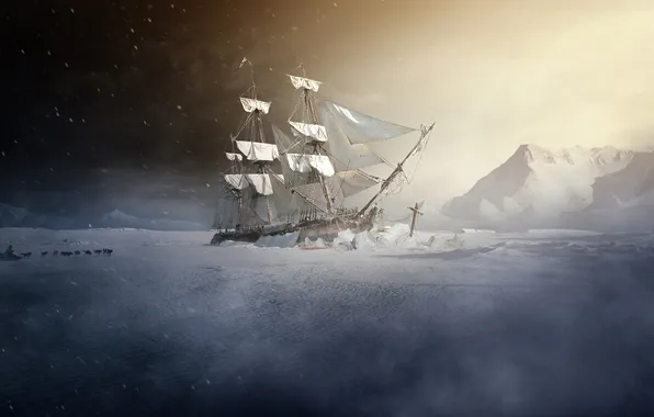 Картинка холод, собаки, человек, корабль, парусник, арт, льды, упряжка