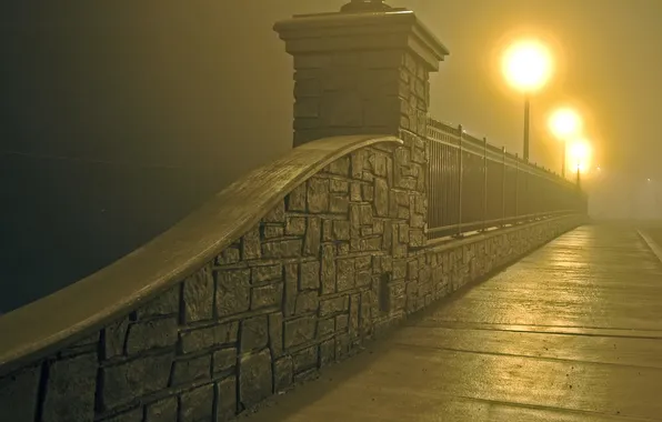 Картинка ночь, мост, город, туман, bridge in mist and lights