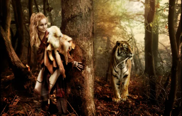 Картинка лес, тигр, женщина, Digital Art, brandrificus, lets play hide and seek