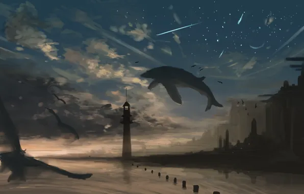 Море, небо, природа, маяк, чайки, кит