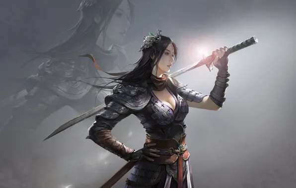 Картинка sword, armor, long hair, artwork, fantasy art, dark hair, standing, fantasy girl