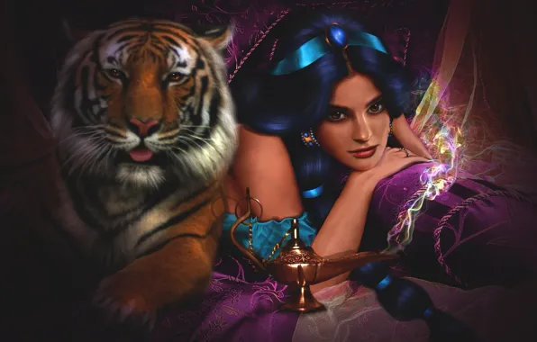 Картинка девушка, тигр, сказка, аниме, дисней, жасмин, Aladdin (Disney), аладин