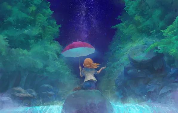 Картинка небо, девушка, звезды, природа, водопад, зонт, аниме, арт