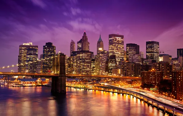 Картинка дорога, огни, Нью-Йорк, небоскребы, вечер, выдержка, Бруклин, освещение