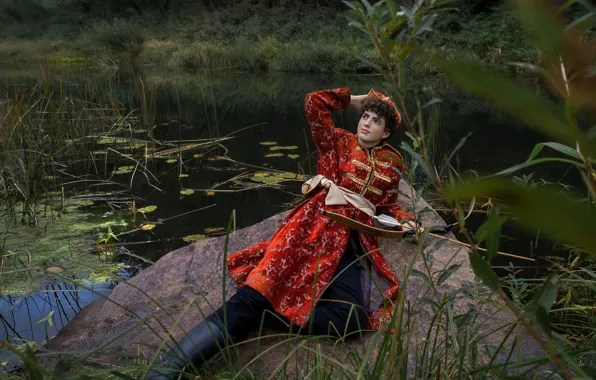 Лето, трава, взгляд, листья, природа, поза, озеро, пруд