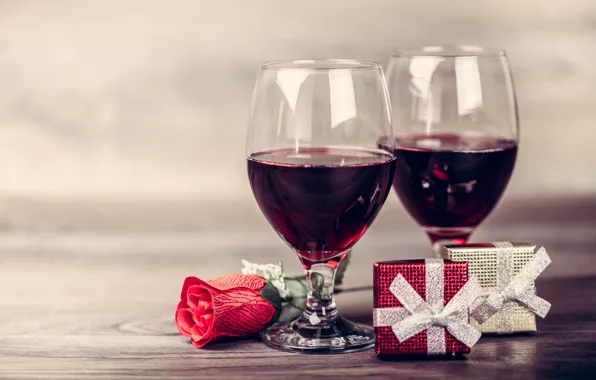 Подарок, вино, бокалы, red, love, romantic, valentine's day, gift