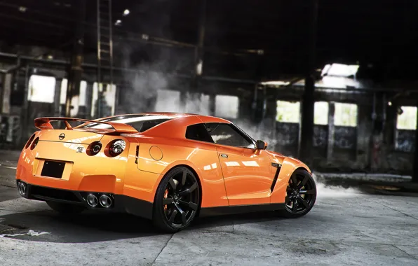 Картинка Orange, Nissan, GT-R, Car, Smoke, Sport, Wheels, Rear