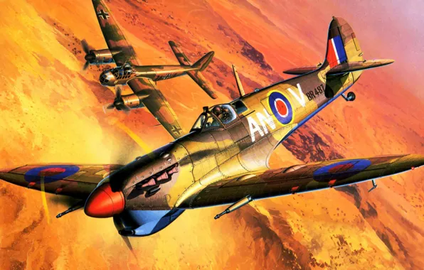 War, art, airplane, painting, aviation, ww2, Supermarine Spitfire Mk.Vb Trop