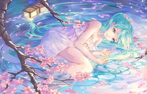 Girl, Vocaloid, green eyes, dress, legs, anime, water, artwork