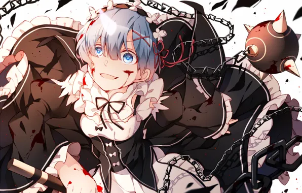 Девушка, кровь, демон, anime, горничная, art, Rem, Re: Zero kara Hajimeru Isekai Seikatsu