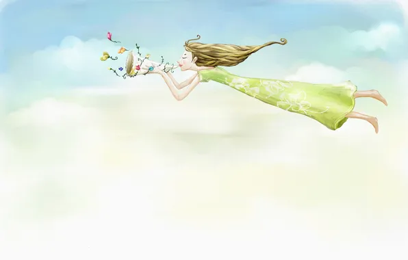 Картинка девушка, облака, цветы, платье, полёт, рог, длинноволосая